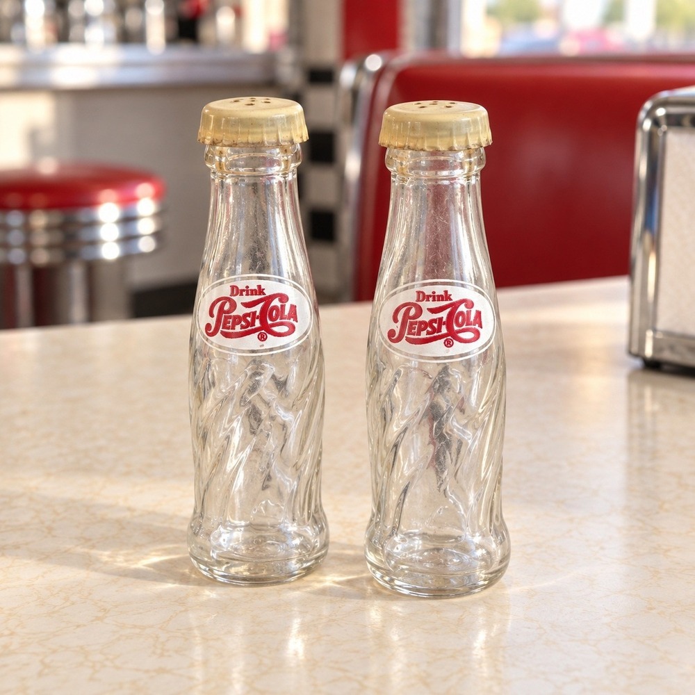 Vintage Pepsi-Cola Glass Bottle Salt and Pepper Shakers Set Swirl Design